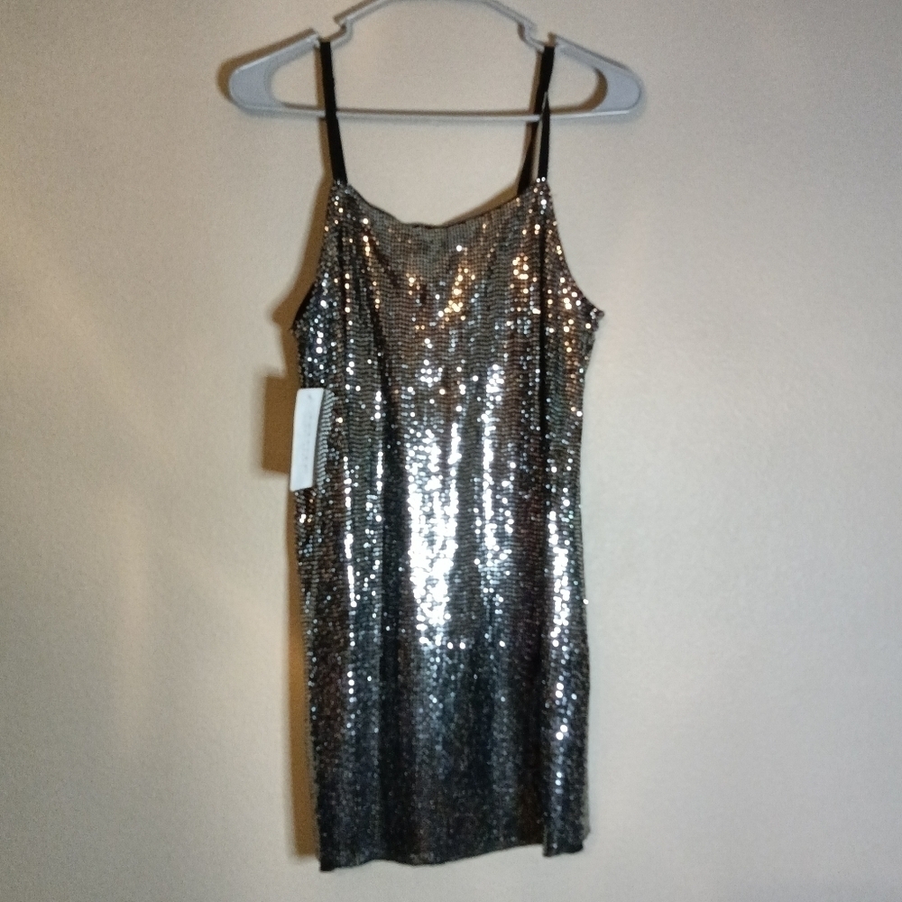 Audrey 3 + 1 Sequin Mini Slip Dress Silver Small NWT